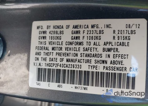 2012 Honda Accord 2.4 Lx-P from USA, damaged, VIN 1HGCP2F40CA226330
